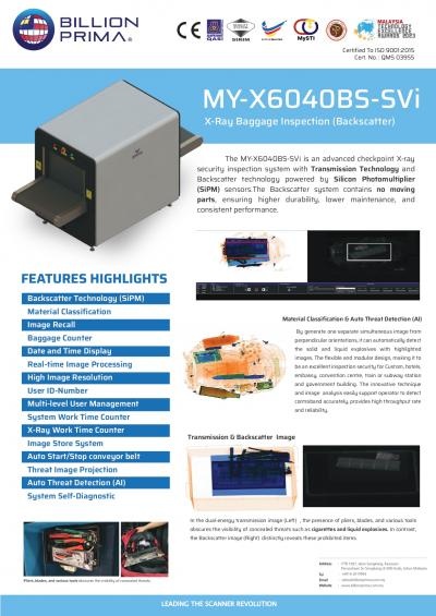 MY-X100100-SviB (Single View), Single-Source Photon-Counting X-ray Baggage Inspection System (Transmission + Backscatter)